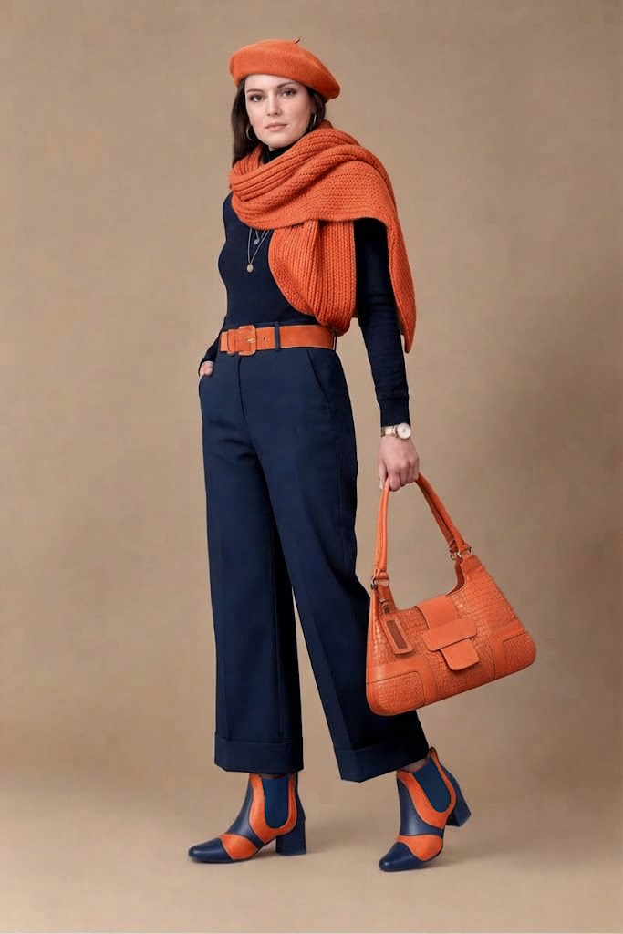 Women's navy blue and clementine orange two-tone chelsea boots with round toe and low flared heel - Top view